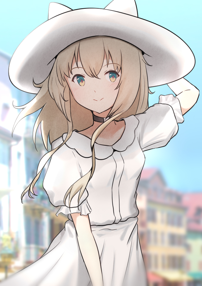 1girl, animal_ears, arknights, arms_up, blonde_hair, blurry, blurry_background, choker, city, commentary_request, dog_ears, dog_girl, dress, green_eyes, hat, kuruzusu, light_blush, looking_at_viewer, medium_hair, podenco_(arknights), smile, solo, sundress, white_dress, white_hat