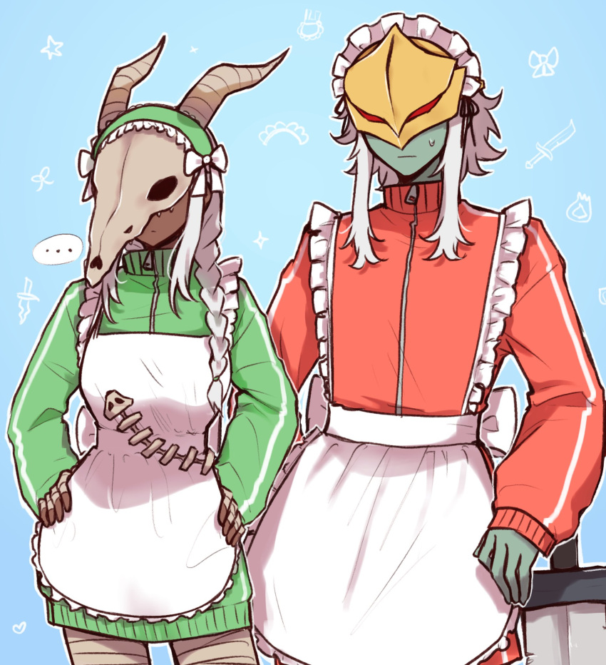 1boy, 1girl, akeesakee, alternate_costume, animal_skull, apron, bandages, blue_background