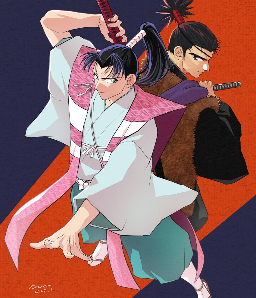2boys, absurdres, back-to-back, black_eyes, black_hair, blue_eyes, commentary_request, eyepatch