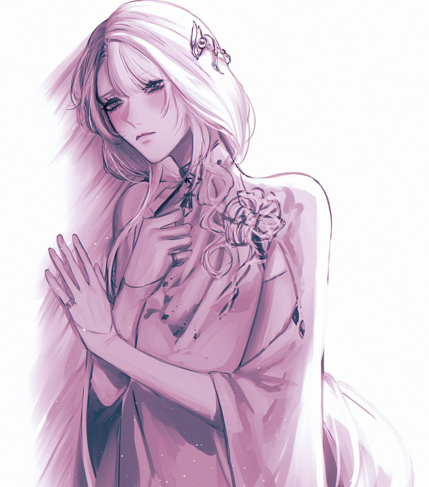 1girl, against_wall, commentary_request, hand_on_own_chest, highres, hypatia_(path_to_nowhere), monochrome, ni_u0x0u
