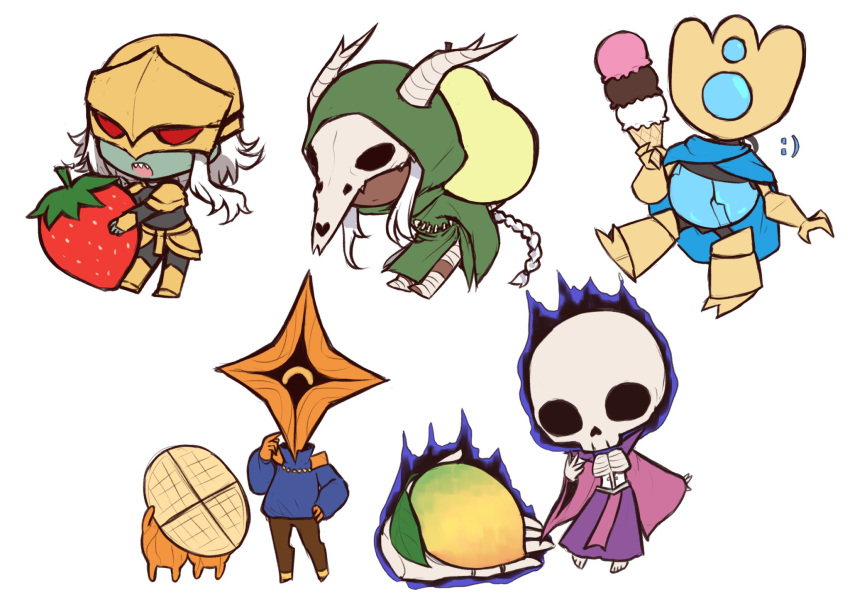 1boy, 2girls, 2others, akeesakee, animal_skull, armor, bandages, blue_shirt