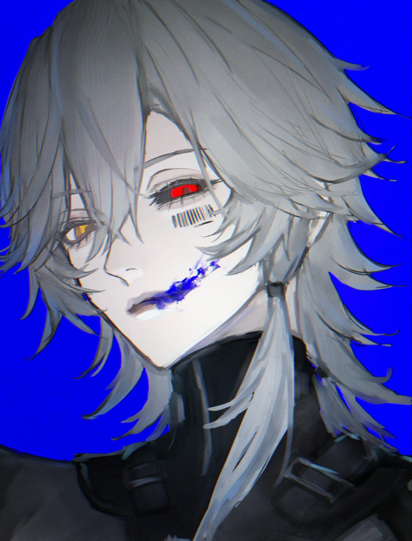1boy, barcode, barcode_tattoo, black_sclera, blue_background, closed_mouth, colored_sclera, eyelashes