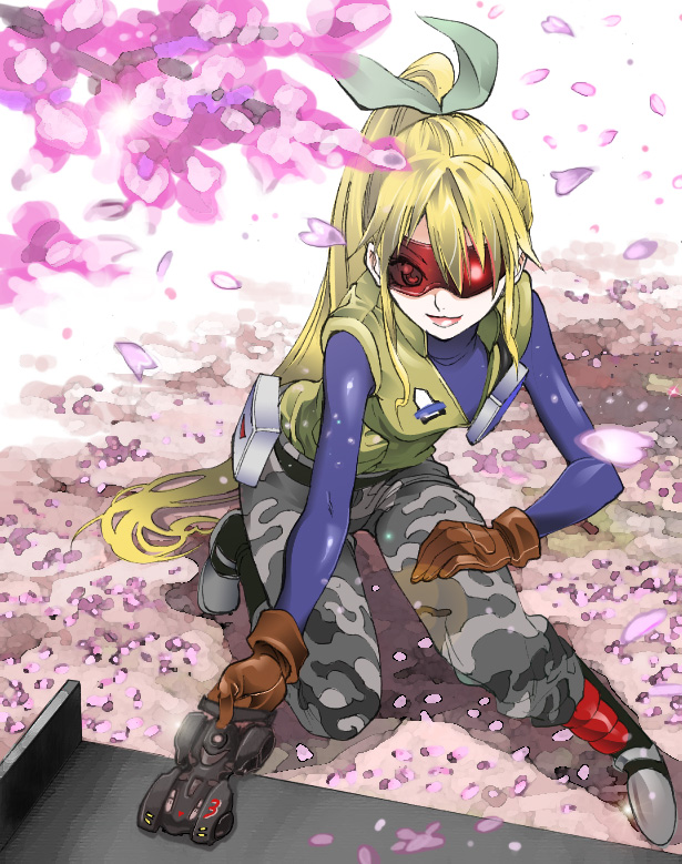 1girl, bakusou_kyoudai_let's_&amp;_go!!, blonde_hair, blue_eyes, bodysuit, boots, brown_gloves, closed_mouth