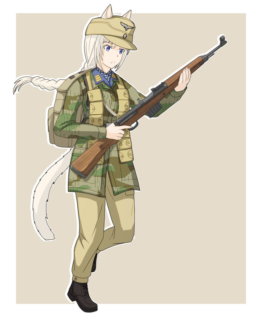 1girl, absurdres, afrika_korps, ammunition_pouch, animal_ears, backpack, bag, black_boots