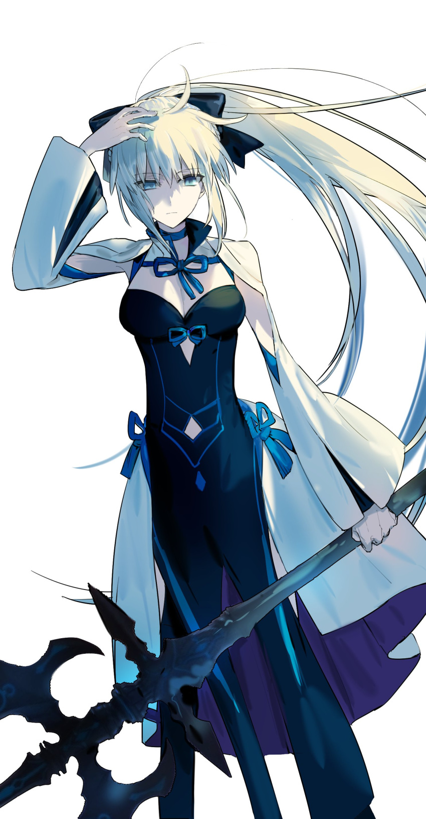 1girl, 9dog_game, absurdres, black_bow, blue_choker, blue_eyes, bow, braid
