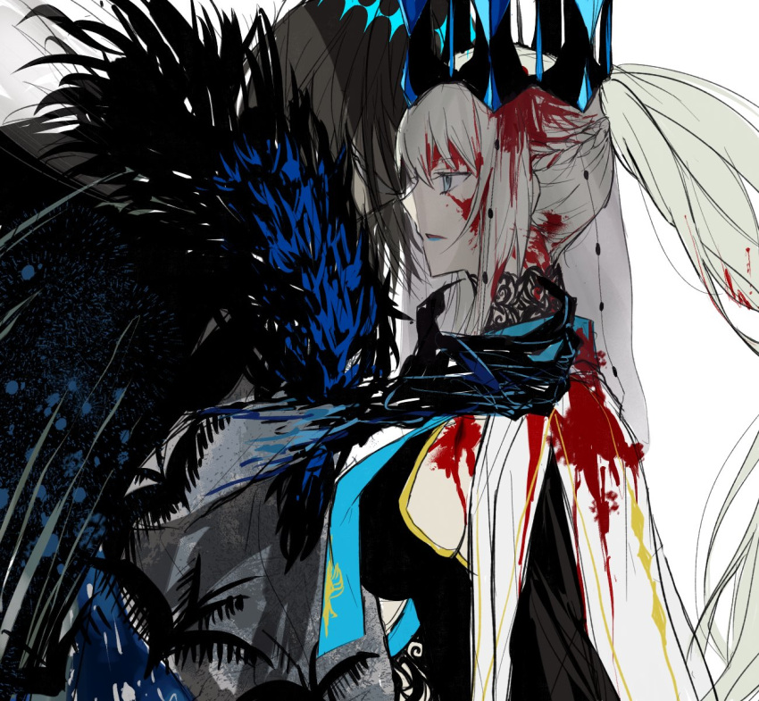1boy, 1girl, black_hair, blood, blood_on_clothes, blood_on_face, blue_eyes, braid