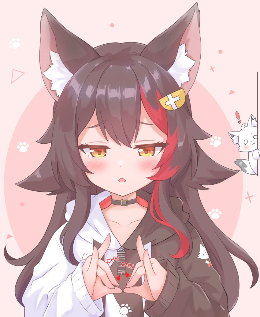 !, 1girl, :3, animal_ears, animalization, black_choker, black_hair, black_hoodie, blush, chinoru, choker, commentary_request, double_fox_shadow_puppet, fox, fox_shadow_puppet, heart, highres, hololive, hood, hood_down, hoodie, long_hair, long_sleeves, multicolored_hair, ookami_mio, orange_eyes, parted_lips, paw_print, paw_print_background, peeking_out, pink_background, red_hair, shirakami_fubuki, shirakami_fubuki_(fox), simple_background, simulated_kiss, sleeves_past_wrists, streaked_hair, two-tone_hoodie, virtual_youtuber, white_hoodie, wolf_ears, wolf_girl