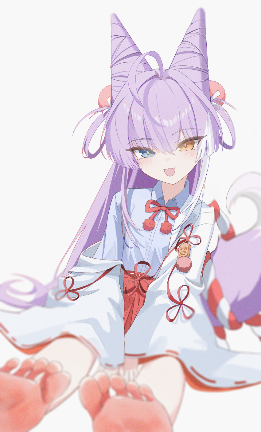 1girl, :3, :d, absurdres, ahoge, barefoot, blue_eyes, blue_shirt