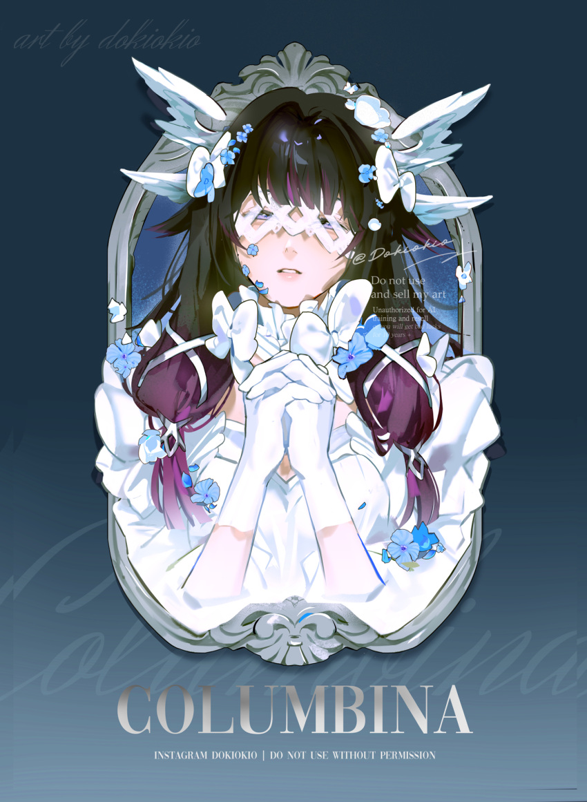 1girl, black_hair, blue_flower, blue_petals, bow, bow_choker, character_name, choker