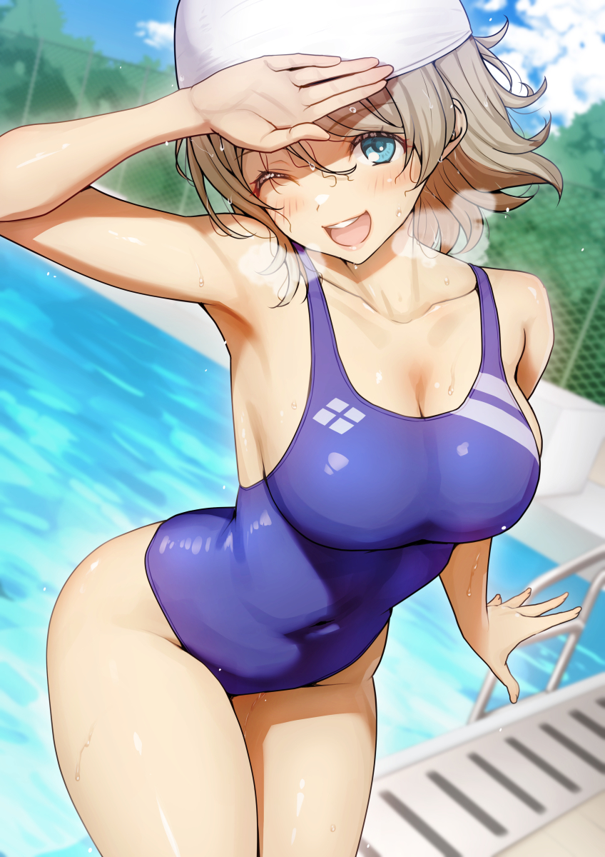 1girl, aqours_2nd_years, arm_up, armpit_crease, blue_eyes, blue_one-piece_swimsuit, blush, breasts