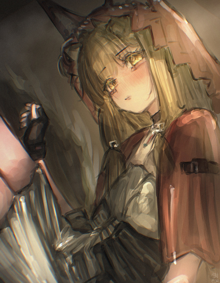 1girl, absurdres, animal_ears, arknights, arknights:_endfield, autreeyah, black_gloves, blonde_hair, blush, cape, choker, closed_mouth, commentary, dress, ears_through_headwear, fingerless_gloves, gloves, highres, hood, hood_up, hooded_cape, long_hair, looking_at_viewer, low-tied_sidelocks, parted_lips, red_cape, red_hood, rossi_(arknights), sidelocks, skirt, solo, white_dress, wolf_ears, wolf_girl, yellow_eyes