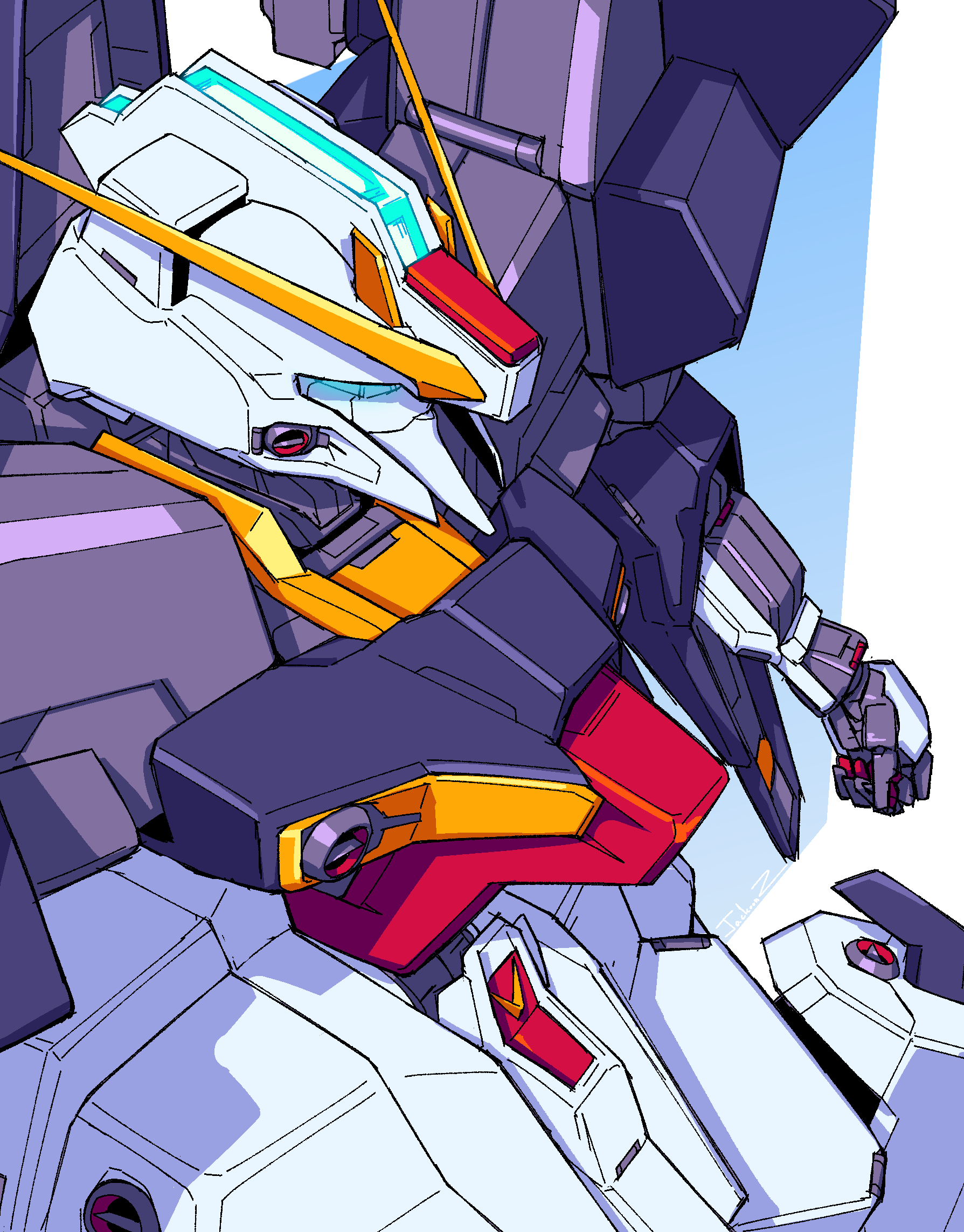 advance_of_zeta, blue_eyes, fins, from_above, gundam, haze'n-thley_ii, head_fins, highres