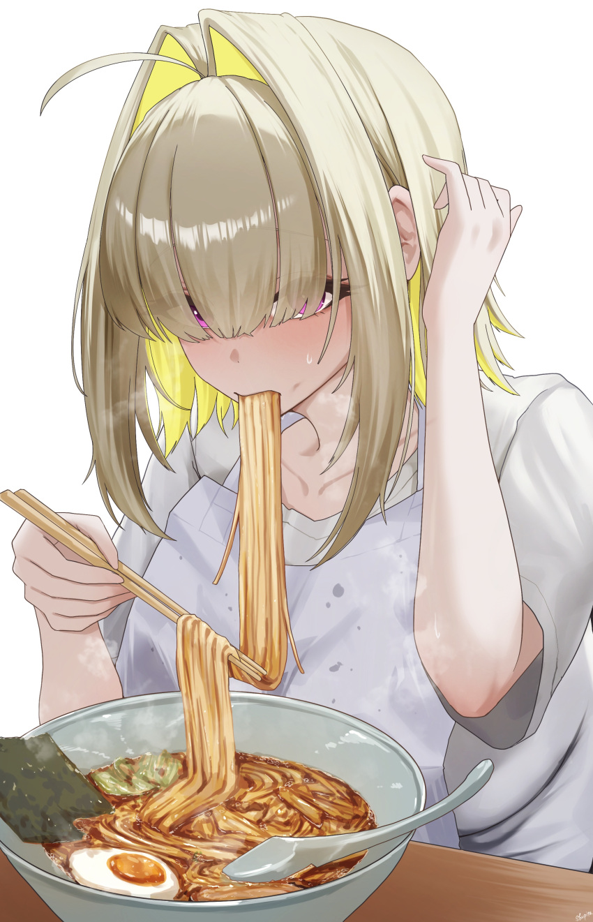 1girl, absurdres, adjusting_hair, ahoge, apron, blonde_hair, blush, bowl, breasts, chopsticks, collarbone, colored_inner_hair, commentary_request, eating, elegg_(nikke), eyelashes, eyes_visible_through_hair, food, food_focus, full-face_blush, goddess_of_victory:_nikke, hair_intakes, hair_over_eyes, hand_up, highres, holding, holding_chopsticks, holding_with_chopsticks, large_breasts, looking_at_viewer, multicolored_hair, noodles, nori_(seaweed), ramen, shirt, short_hair, short_sleeves, shupita, sidelocks, softboiled_egg, solo, spoon, steam, sweat, table, violet_eyes, white_apron, white_background, white_shirt