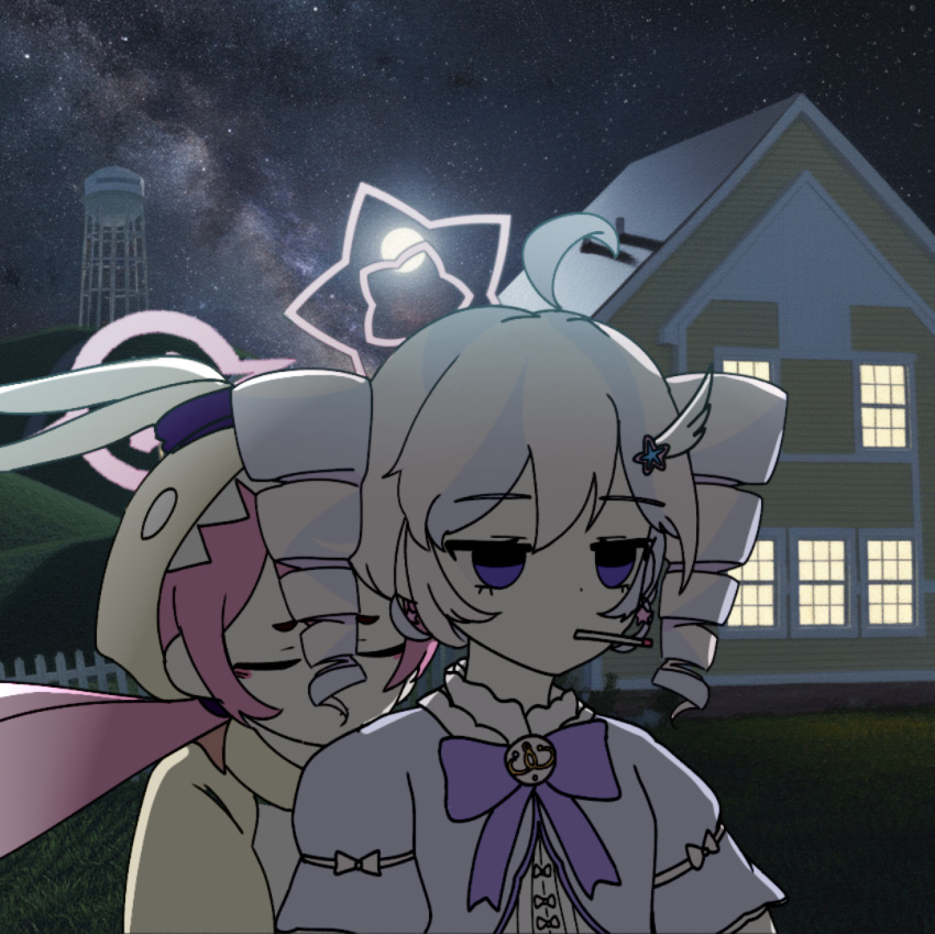 2girls, ahoge, animal_costume, backrooms_(creepypasta), blue_archive, bow, bowtie, cosplay