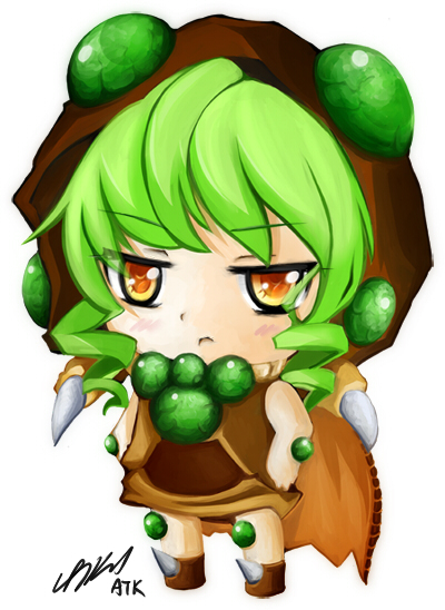 drill_hair, green_hair, orange_eyes, personification, starcraft, starcraft_2, twin_drills, zerg_(starcraft)