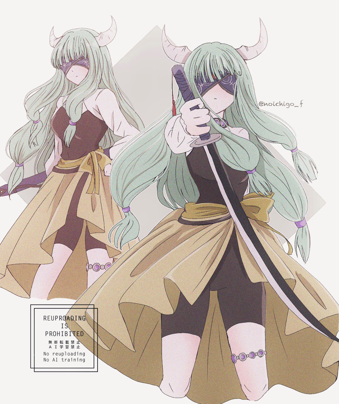 1girl, black_choker, blindfold, blindfold_mask, braid, choker, closed_mouth, demon, demon_girl, demon_horns, grey_hair, highres, holding, holding_sword, holding_weapon, horns, mask, multiple_braids, noichigo_f, simple_background, skirt, sousou_no_frieren, sword, sword_tassel, tassel, weapon, weapon_tassel, yellow_skirt, zorida_(sousou_no_frieren)
