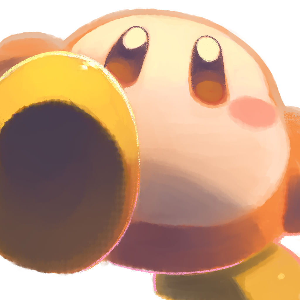 blush_stickers, brown_eyes, commentary, english_commentary, kirby_(series), no_humans, pov_stomped, powerandy