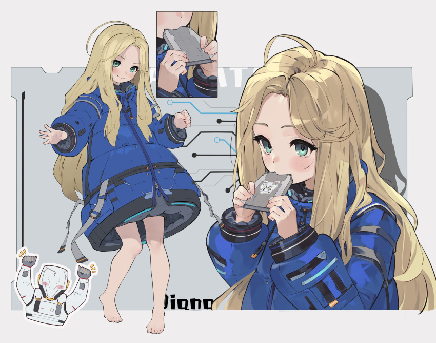 1boy, 1girl, ahoge, aqua_eyes, bare_legs, barefoot, blonde_hair, blue_jacket
