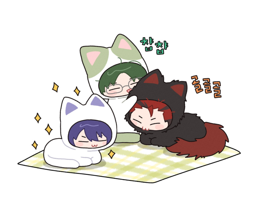 3boys, :3, akatsuki_(ensemble_stars!), animal_costume, animal_hood, black_hair, blanket, cat_costume