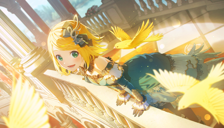 1girl, architecture, arm_support, balcony, bare_shoulders, bird, black_bow, black_gloves
