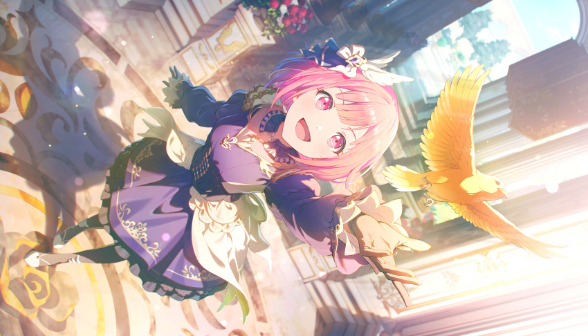 1girl, :d, architecture, bird, black_gloves, black_pantyhose, blunt_bangs, bouquet