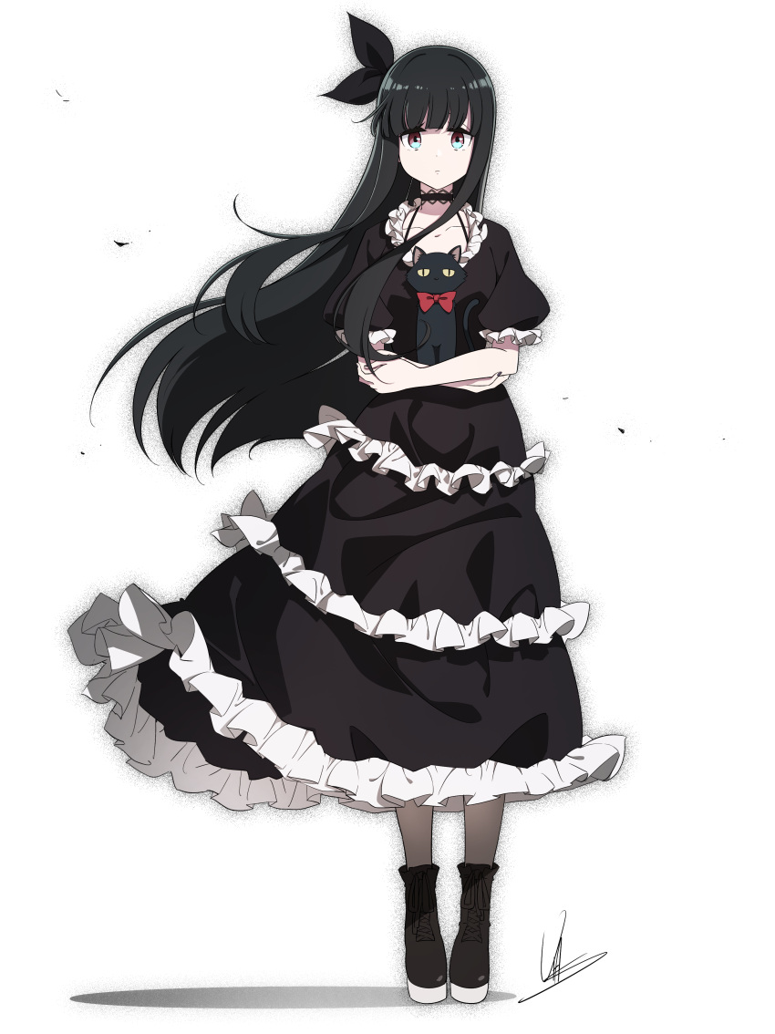 1girl, absurdres, animal, anko_(mono), aura, black_hair, cat, choker