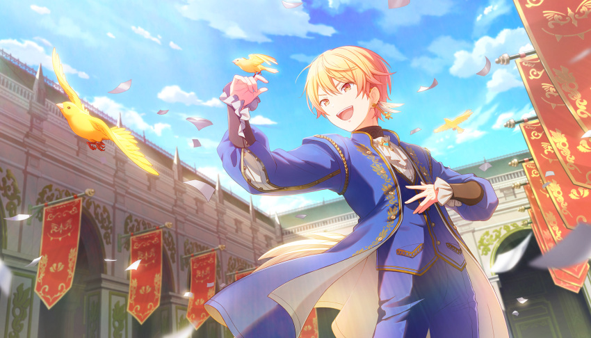 1boy, architecture, ascot, bird, bird_on_hand, blonde_hair, blue_coat, blue_gem