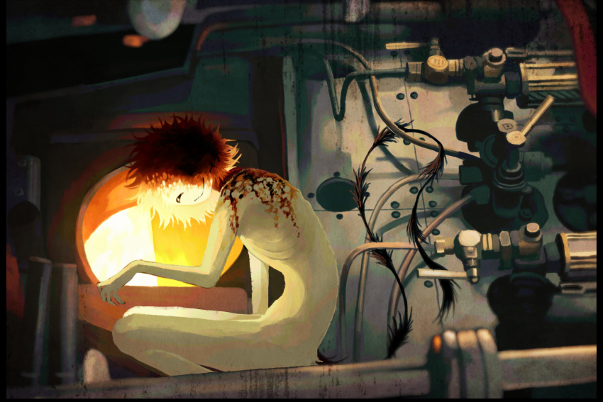 1boy, black_tail, closed_mouth, ember_(jejejunum), furnace, indoors, industrial_pipe, jejejunum, looking_at_viewer, male_focus, monster_boy, multicolored_hair, nude, original, ribs, skinny, smile, split-color_hair, tail, valve, yellow_fur