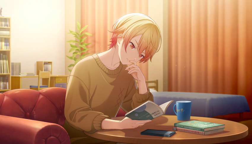 1boy, bedroom, blonde_hair, book, brown_sweater, cellphone, chair, choukoku_no_protagonist_(project_sekai)