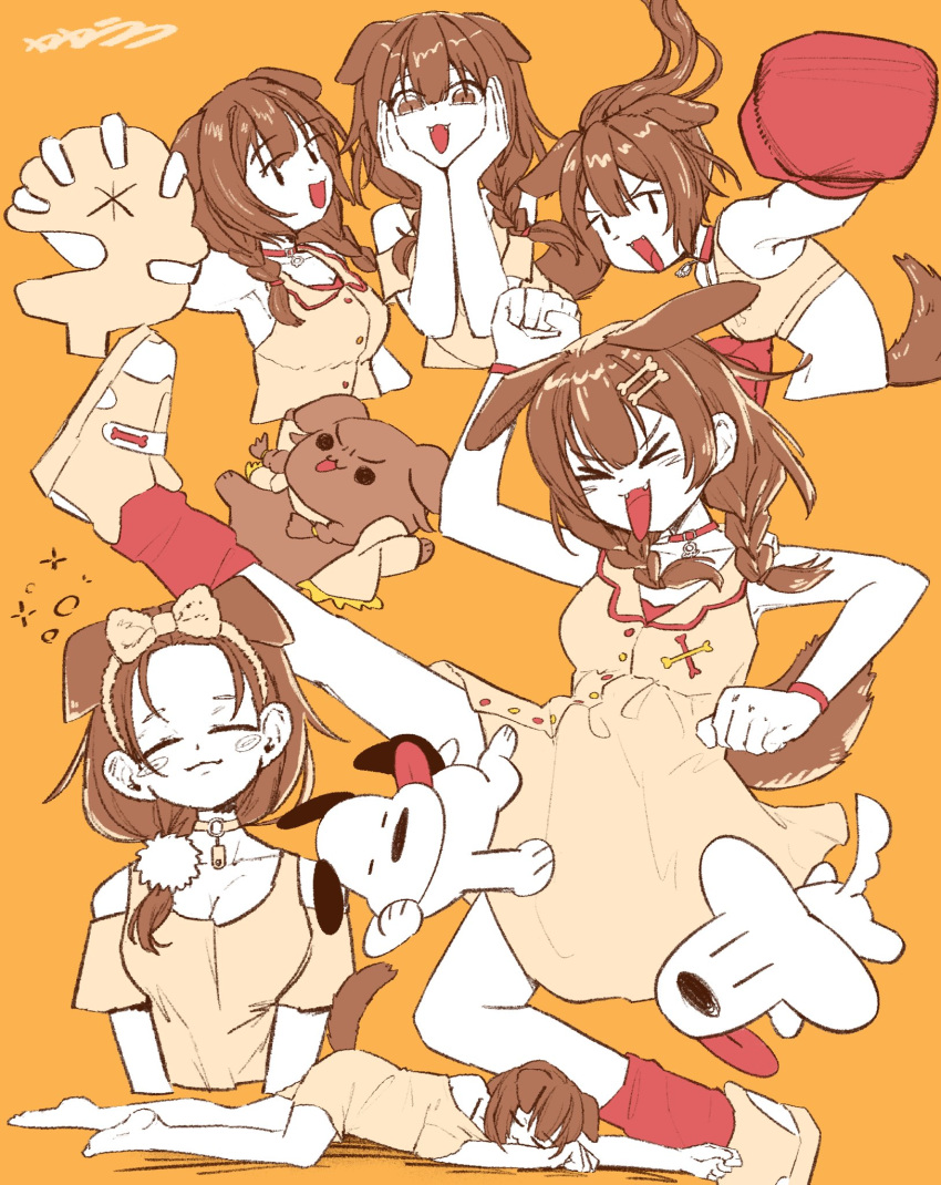 >_<, 1girl, :3, animal_ears, boxing_gloves, braid, breasts, closed_eyes, earrings, fang, hair_ornament, highres, hololive, inugami_korone, jewelry, long_hair, multiple_persona, nanamini_7732, orange_background, pillow, simple_background, sleeping, smile, twin_braids