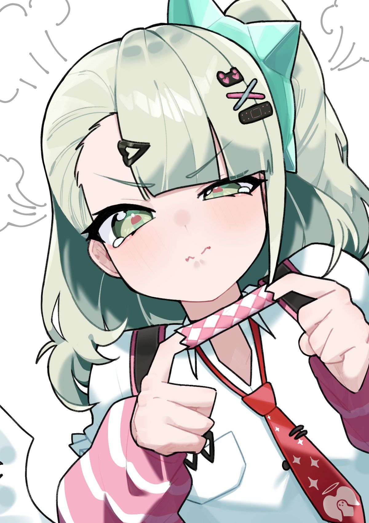 1girl, arm_warmers, bag, blush, chinese_finger_trap, closed_mouth, commentary_request, crying