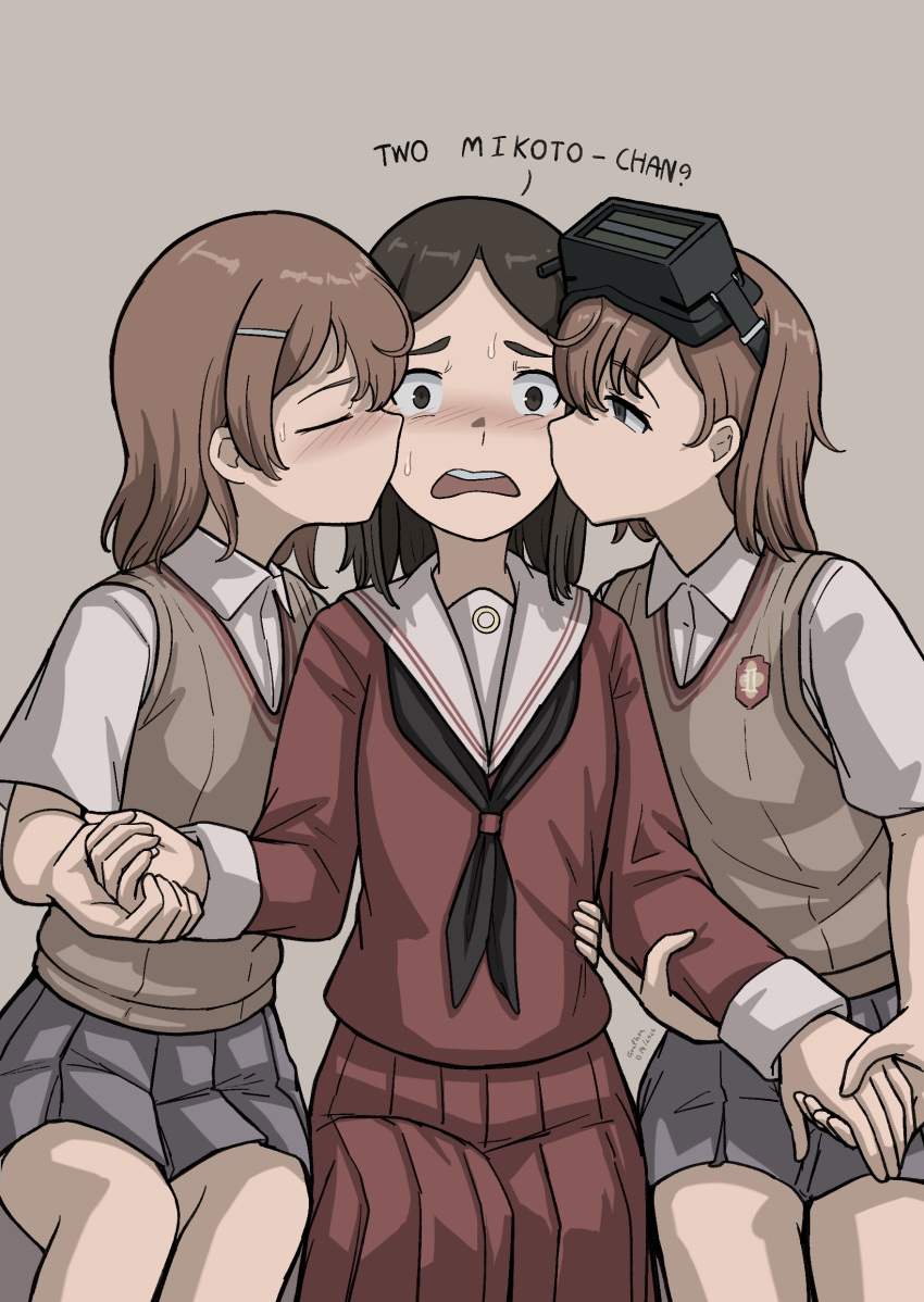 3girls, absurdres, black_hair, black_neckerchief, blush, brown_eyes, brown_hair, brown_sweater_vest