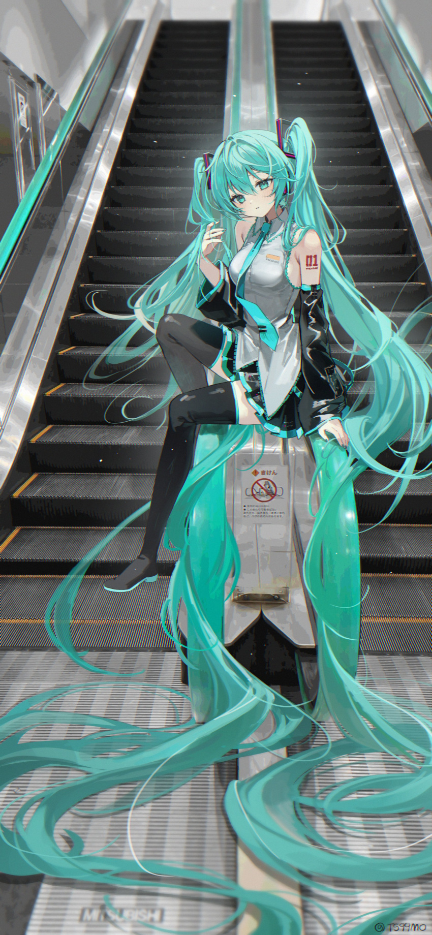 1girl, absurdres, black_skirt, blue_eyes, blue_hair, blue_necktie, boots, commentary