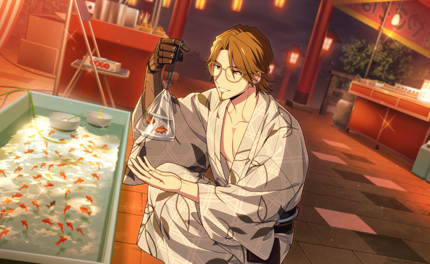 1boy, bag, bagged_fish, brown_eyes, brown_hair, cum, cum_on_body, earrings