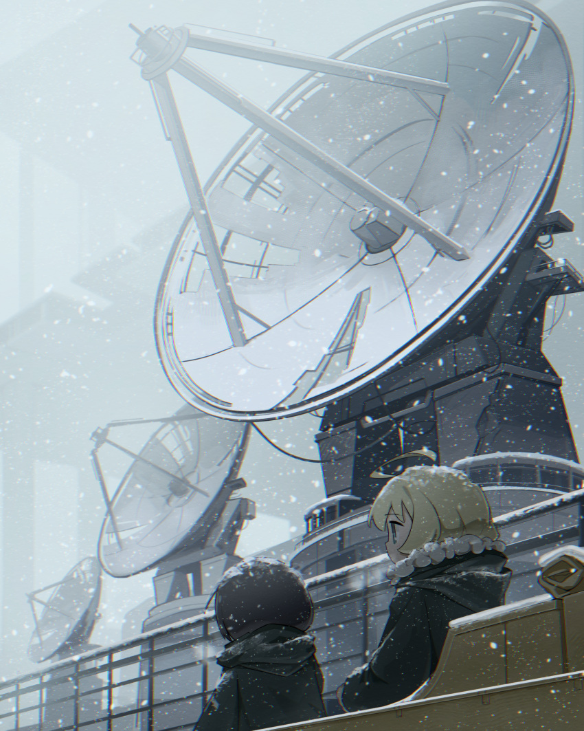 2girls, absurdres, ahoge, black_hair, blonde_hair, blue_eyes, chito_(shoujo_shuumatsu_ryokou), coat