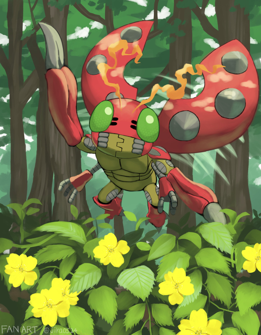 absurdres, antennae, branch, bug, carapace, commentary_request, digimon, digimon_(creature)