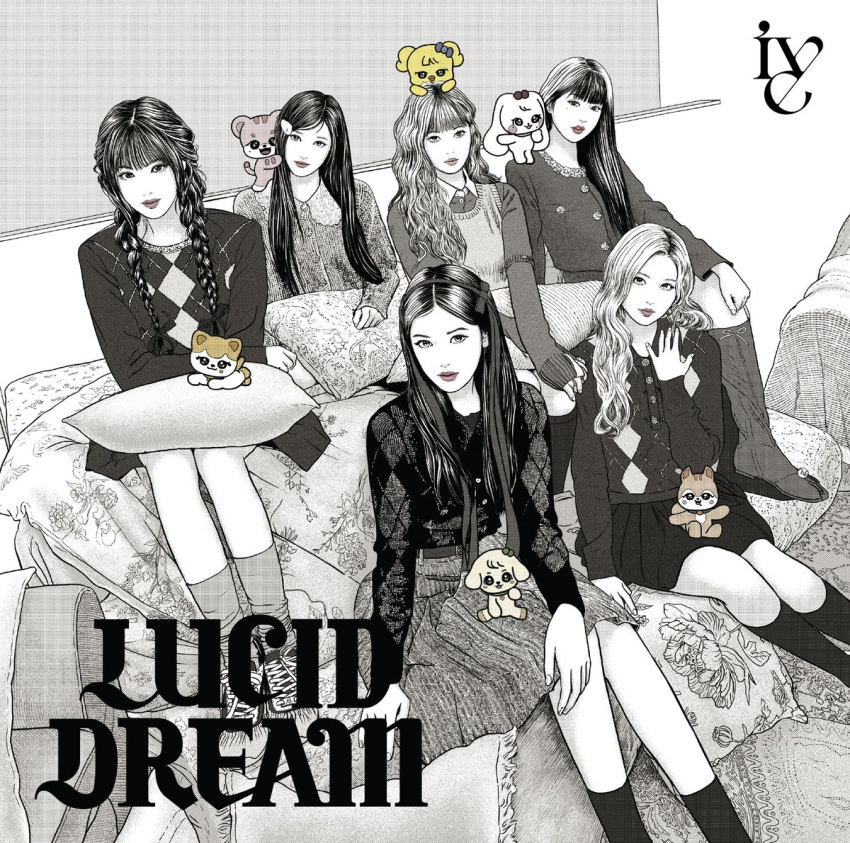 6+girls, album_cover, an_yujin, argyle_clothes, argyle_sweater, bow, braid, cat