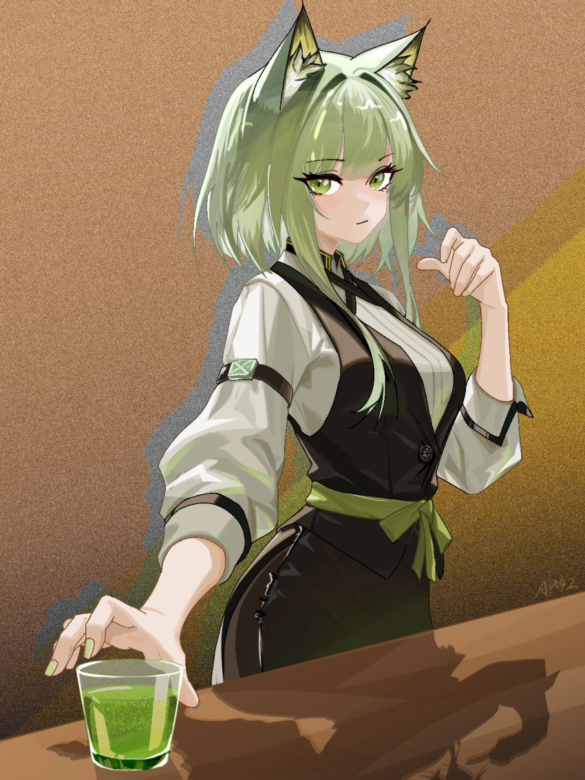 1girl, ampatit, animal_ear_fluff, animal_ears, arknights, black_vest, buttons, chinese_commentary