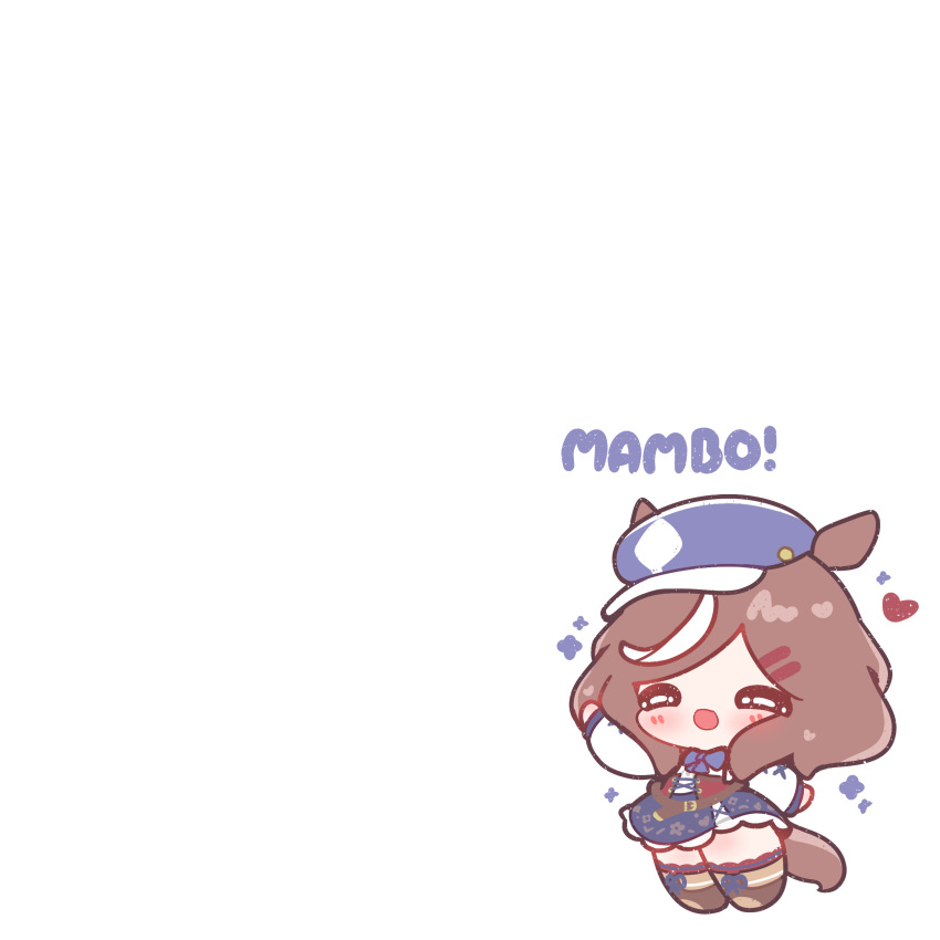 1girl, absurdres, animal_ears, blue_overskirt, blush, brown_hair, chibi, commentary