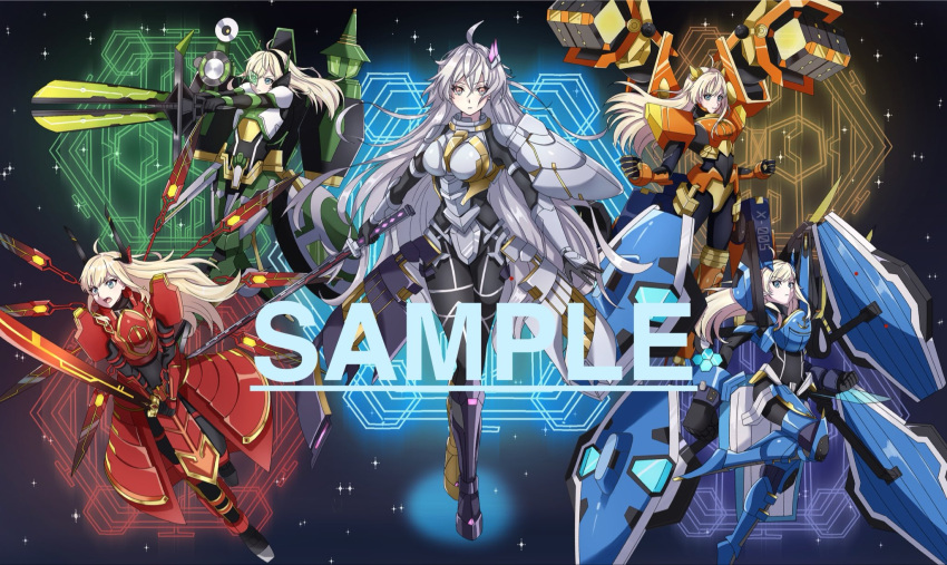 ahoge, armor, blonde_hair, character_counter_request, commentary_request, duel_monster, energy_gun, exoskeleton, grey_hair, hair_between_eyes, hair_ornament, highres, long_hair, multiple_views, ppaayyaao, sample_watermark, sky_striker_ace_-_hayate, sky_striker_ace_-_kagari, sky_striker_ace_-_kaina, sky_striker_ace_-_raye, sky_striker_ace_-_shizuku, sky_striker_ace_-_zero, sword, watermark, weapon, yu-gi-oh!