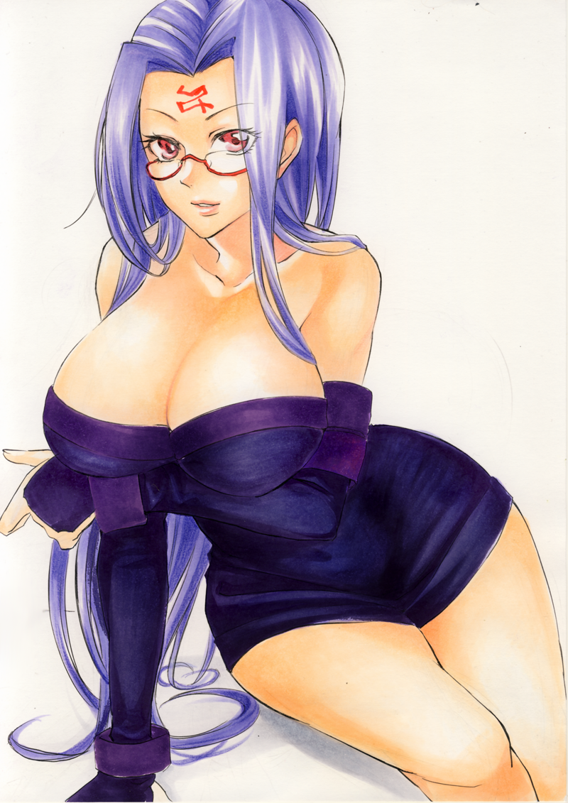 arm_support, bare_legs, bare_shoulders, beniyaorin, blue_hair, breast_hold, breasts, cleavage