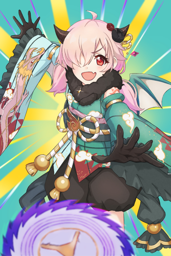 1girl, ahoge, black_gloves, blush, demon_horns, detached_sleeves, dragon_girl, dragon_horns, dragon_wings, duel_monster, fang, flower, gloves, hair_flower, hair_ornament, hair_over_one_eye, horns, inori_(new_year)_(princess_connect!), inori_(princess_connect!), japanese_clothes, kimono, long_hair, long_sleeves, looking_at_viewer, low_twintails, miya_(art_aefu), obi, official_alternate_costume, open_mouth, outstretched_arms, pink_hair, princess_connect!, red_eyes, sash, skin_fang, smile, solo, twintails, wide_sleeves, wings