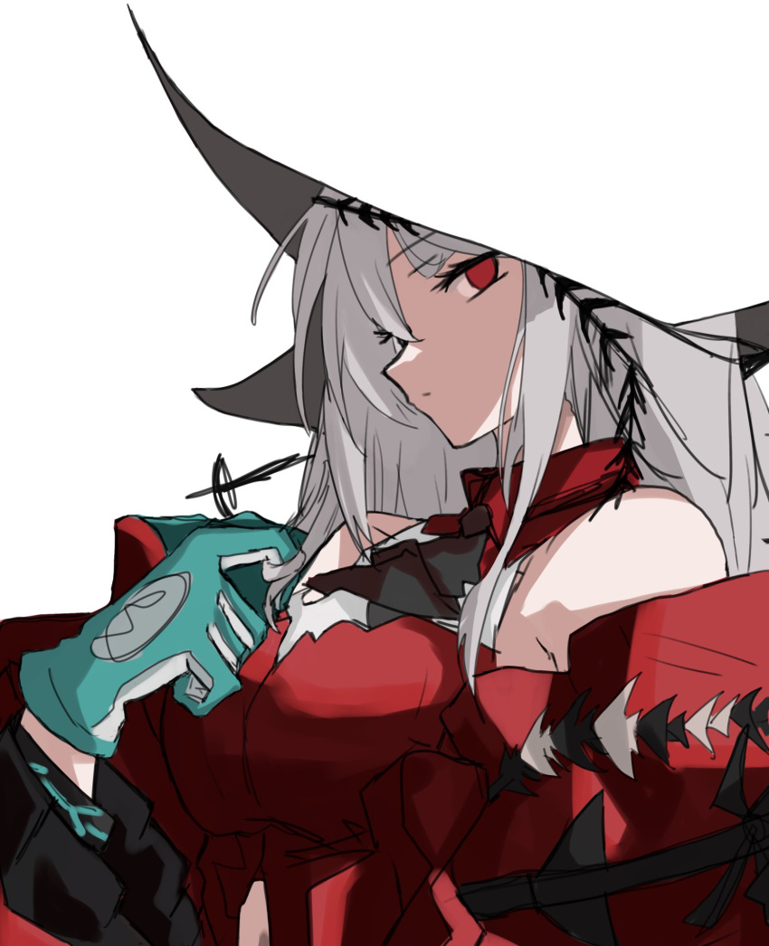 1girl, aqua_gloves, arknights, bare_shoulders, blending, closed_mouth, commentary_request, gloves