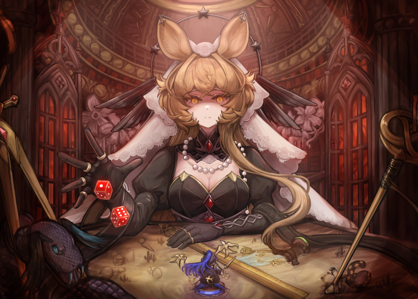1girl, absurdres, animal_ears, arknights, black_dress, black_gloves, blonde_hair, crying, crying_with_eyes_open, dice, dorothy_(arknights), dorothy_(hand_of_destiny)_(arknights), dress, english_commentary, gloves, highres, jewelry, mouse_ears, mouse_girl, multiple_rings, playing_games, playing_tabletop_game, pyramide, ring, snake, solo, tears, veil, yellow_eyes