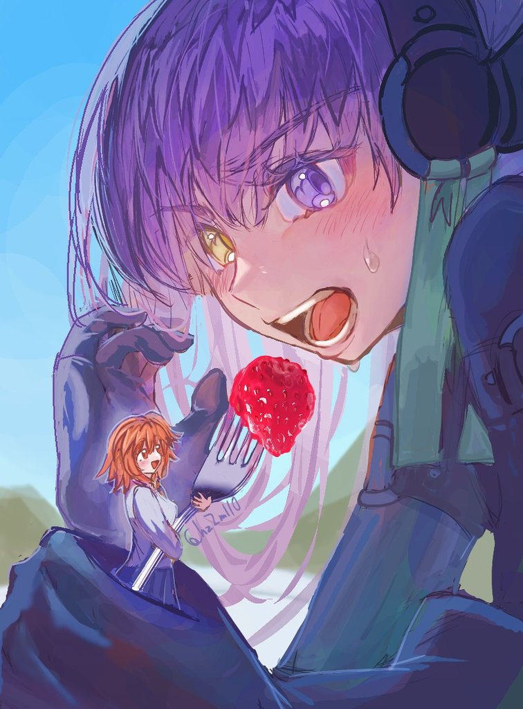 2girls, black_bodysuit, blush, bodysuit, commentary_request, eating, fate/grand_order, fate_(series)