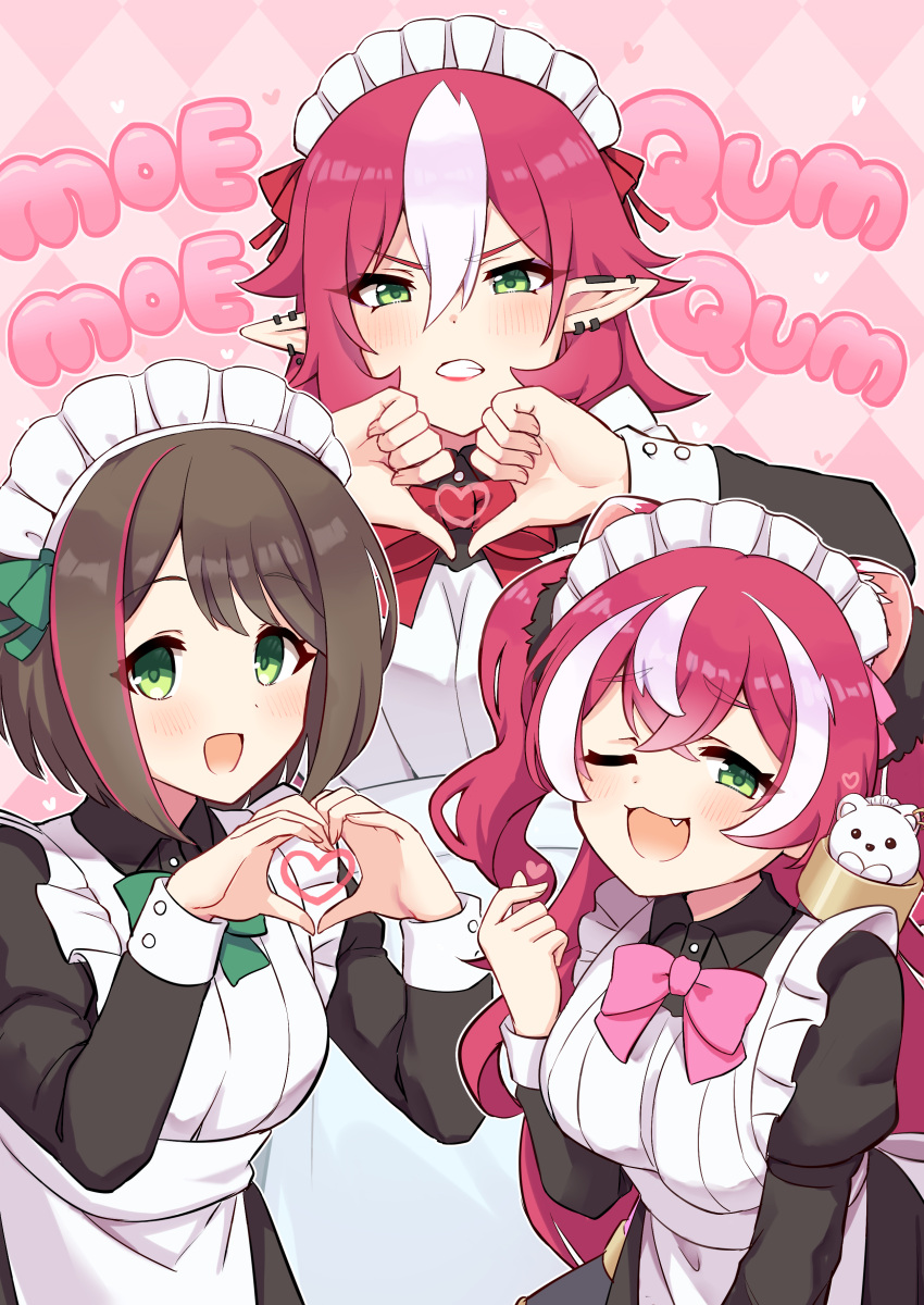 3girls, ;d, absurdres, animal_ears, apron, bandit_sisters_(princess_connect!), blush, bow