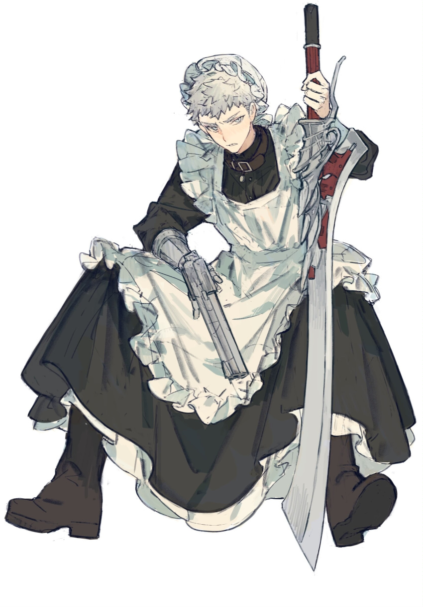 1boy, alternate_costume, apron, belt, belt_buckle, belt_collar, black_boots, blue_eyes