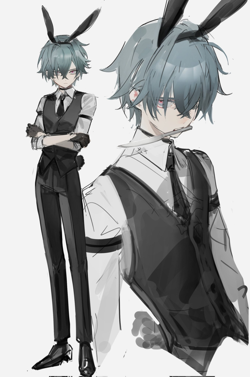 1boy, animal_ear_hairband, animal_ears, arm_strap, black_choker, black_gloves, black_hairband, black_necktie
