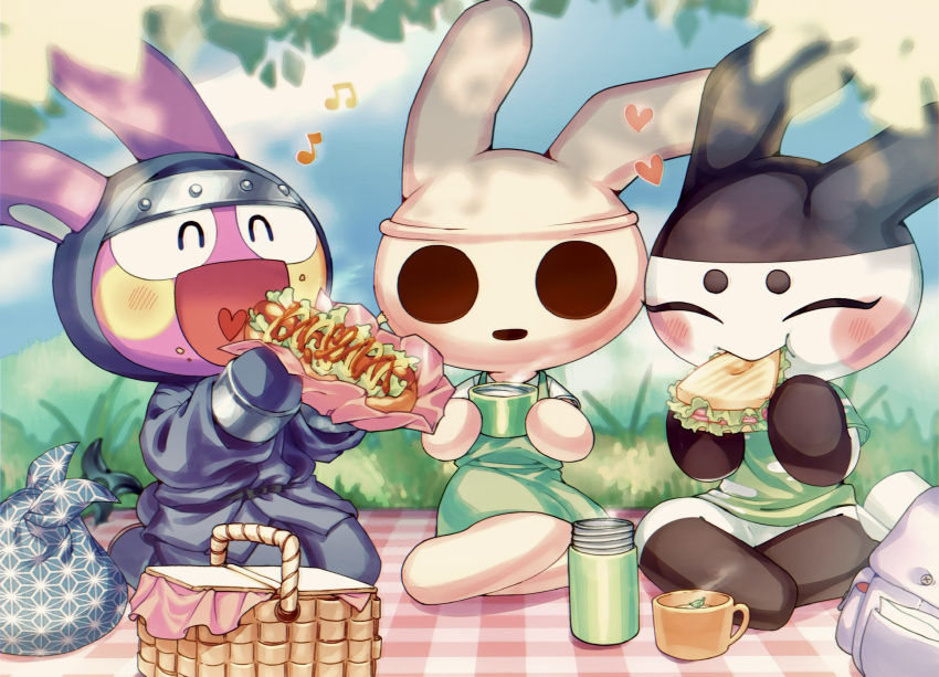 1girl, 2boys, :d, animal_crossing, backpack, bag, black_sash, blue_kimono