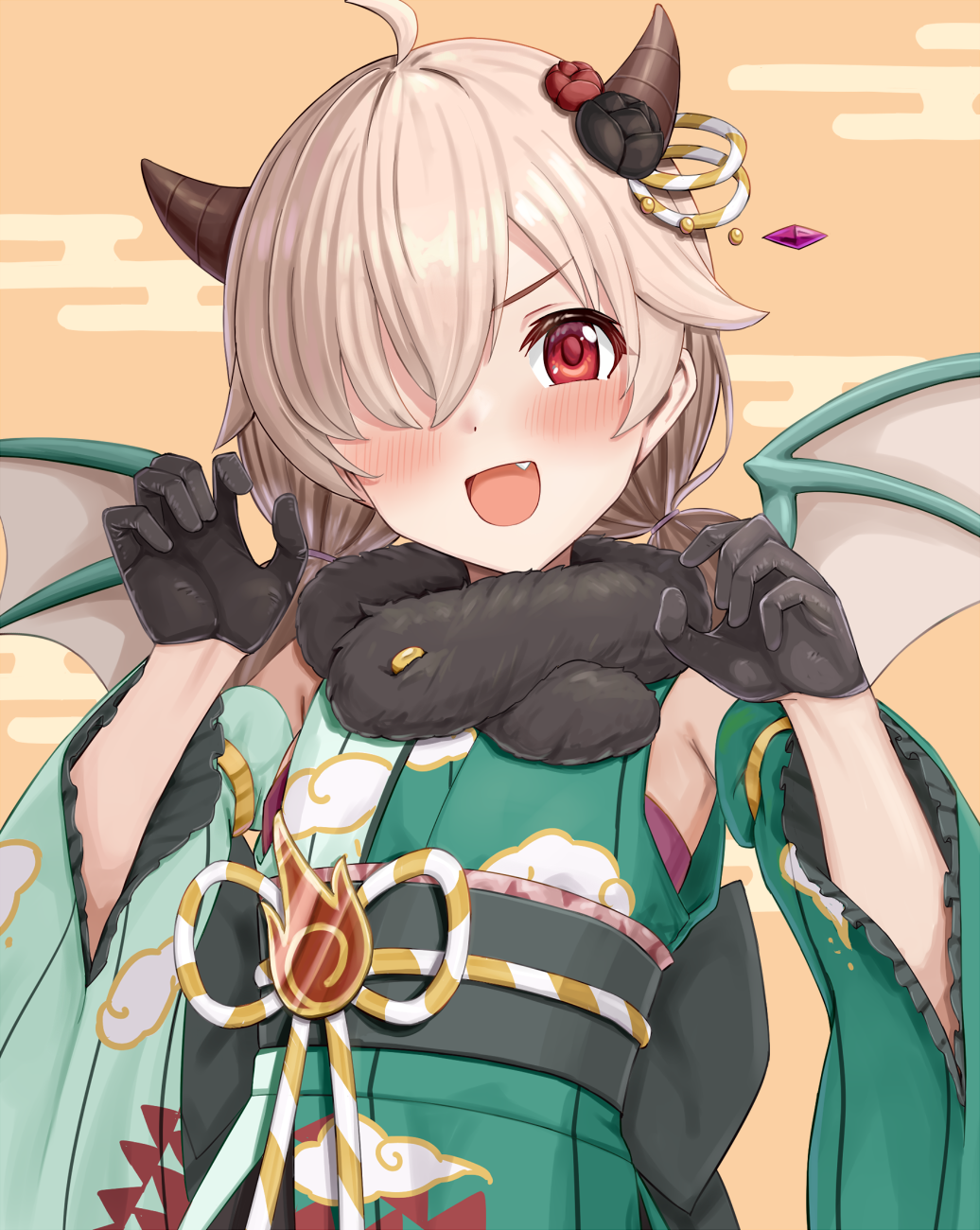 1girl, ahoge, armpits, black_gloves, blush, bow, chinese_zodiac, claw_pose